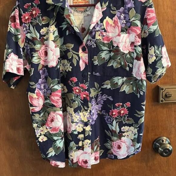 Vintage 80s Floral Camp Anderson California Button Up Short Sleeve Top Small - Picture 1 of 4